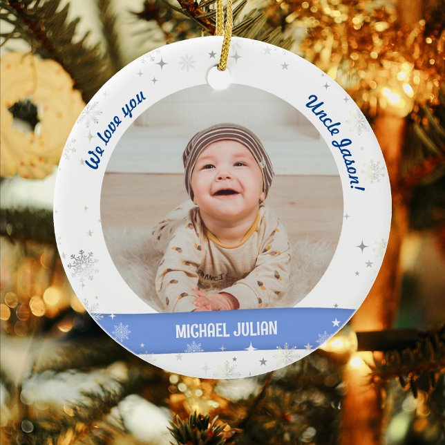 Twins Boys Photos Uncle Cute First Christmas Baby Ceramic Ornament (Modern, Cute We love you, Uncle! First Christmas Twin Baby Boys. 2 Personalized Photos. Snowflakes)