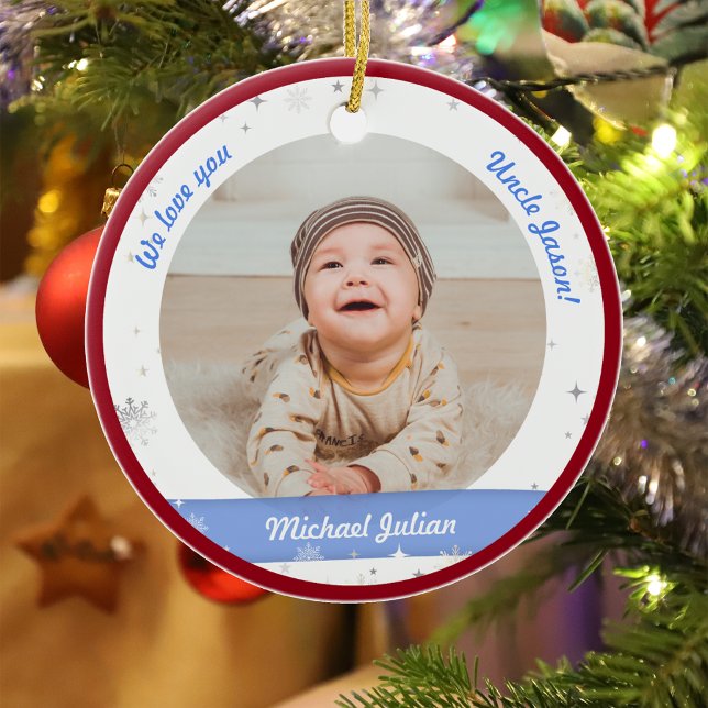 Twins Boys Photos Uncle Cute First Christmas Baby Ceramic Ornament (Modern Elegant Cute First Christmas Baby Twins Boys We love you Uncle Snowflakes Stars Red Frame)