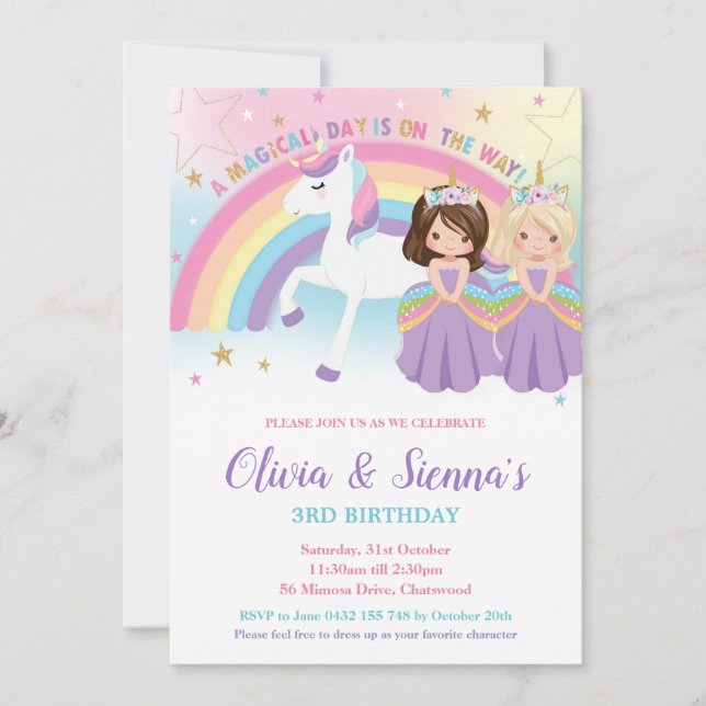 Twins Brunette Blonde Princesses Unicorn Birthday  Invitation (Front)