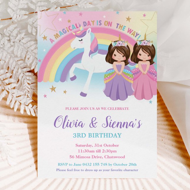 Twins Brunette Princesses and Unicorn Birthday Invitation (Creator Uploaded)