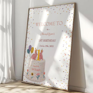Twins Bunny Rabbit Twin Girls 1st Birthday Welcome Poster