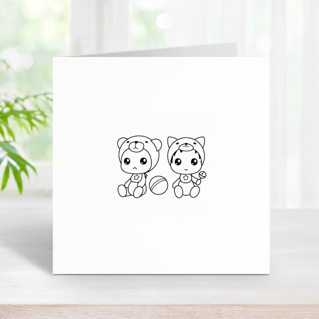 Twins Cat Bear Baby Jumpsuit 1x1 Rubber Stamp (Creator Uploaded)