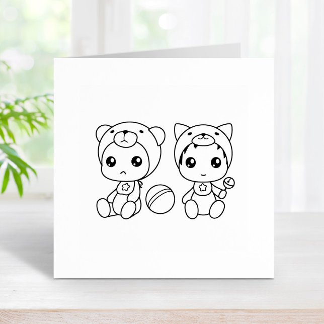 Twins Cat Bear Baby Jumpsuit Colour Me Rubber Stamp (Creator Uploaded)