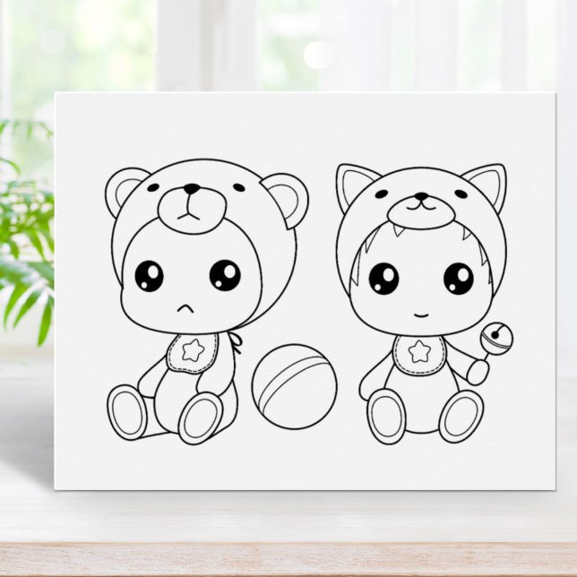 Twins Cat Bear Baby Jumpsuit Colouring Page Poster (Creator Uploaded)