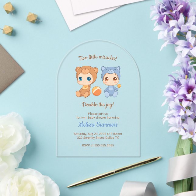 Twins Cat Bear Gender Neutral Baby Shower Acrylic Invitations (Insitu (Wedding))