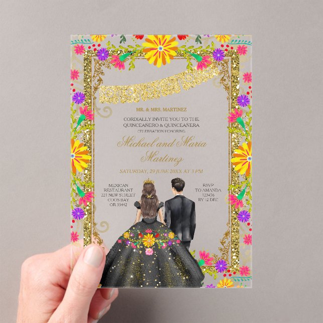 Twins Colourful Floral Fiesta Gold Frame Mis Quinc Acrylic Invitations (Insitu (Handheld))