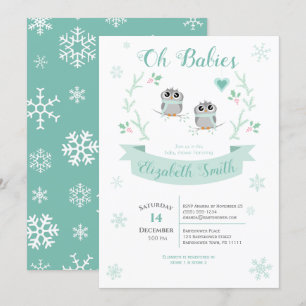 Twins Cute owls gender neutral winter babyshower Invitation