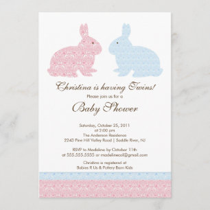Twins Damask Bunny Baby Shower Invitation Girl Boy
