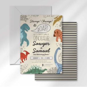 Twins Dinosaur Birthday Invitation Colourful