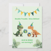 Twins Dinosaur Birthday Invitation  Double Trouble