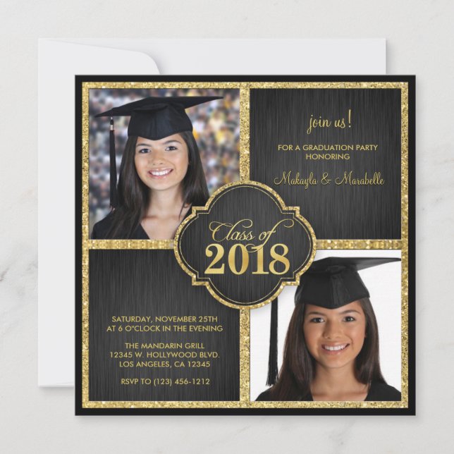 Twins! Elegant Black & Gold Glitter Class of 2018 Invitation (Front)