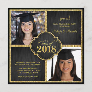 Twins! Elegant Black & Gold Glitter Class of 2018 Invitation