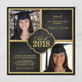 Twins! Elegant Black & Gold Glitter Class of 2018 Invitation