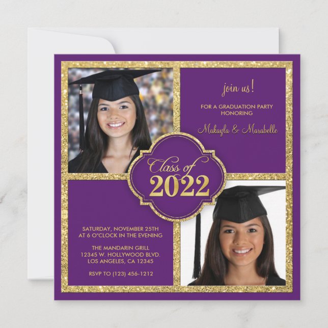 Twins Elegant Black & Purple Glitter Class of 2022 Invitation (Front)