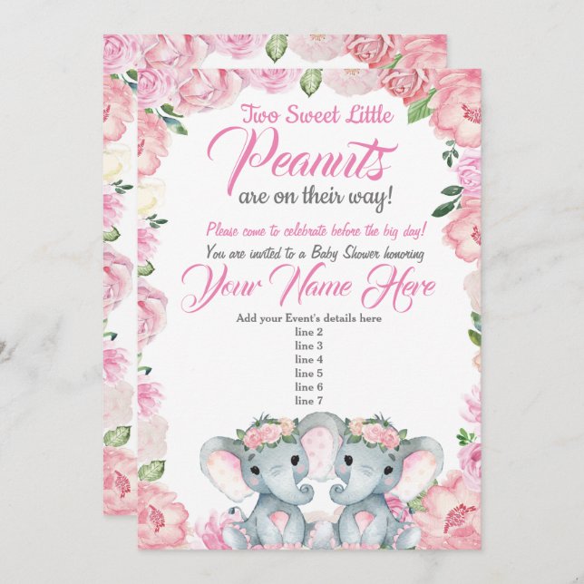 Twins Elephant Baby Shower Invitation roses pink (Front/Back)