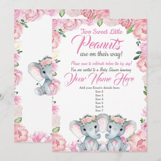 Twins Elephant Baby shower Invitation roses rose (Devant / Derrière)