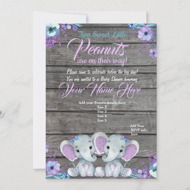 Twins Elephant Baby Shower Invitation rustic, teal (Front)