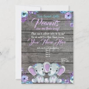 Twins Elephant Baby Shower Invitation rustic, teal