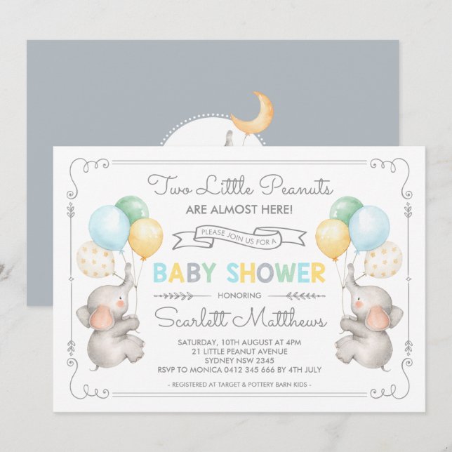 Twins Elephant Baby Shower Pastel Balloons Invite (Front/Back)