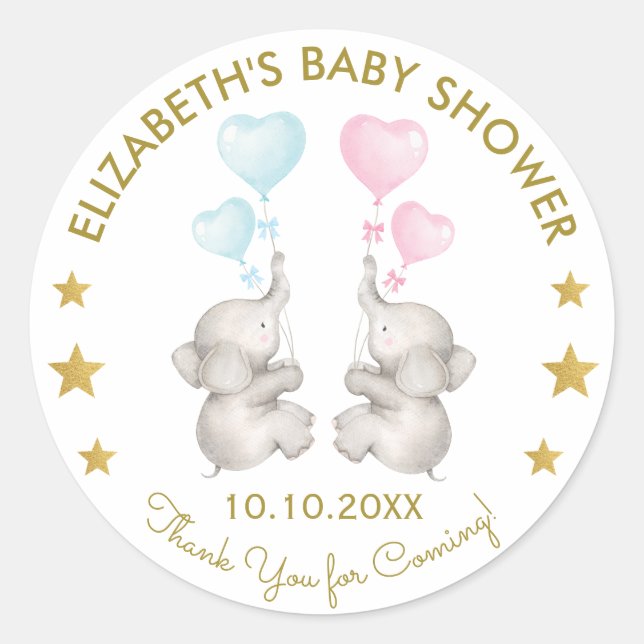 Twins Elephant Gender Reveal Blue Pink Favour Tag (Front)