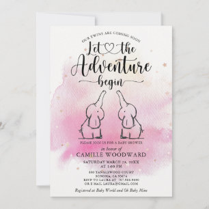Twins Elephants Baby Shower Invitation