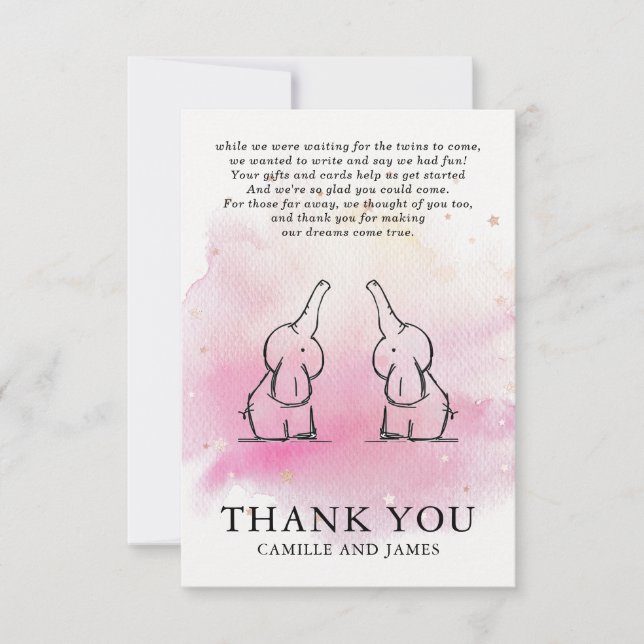 Twins Elephants Baby Shower Thank You Card (Front)
