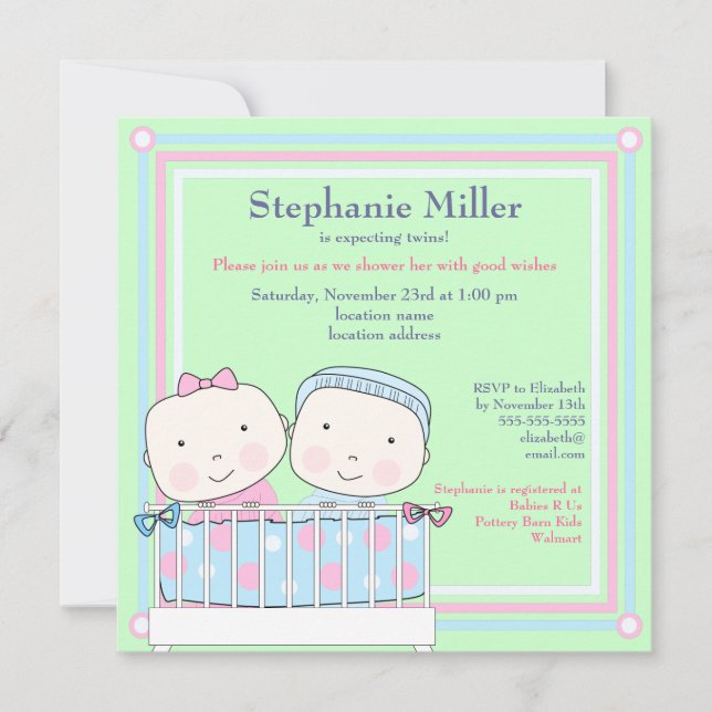Twins en Crib, Girl and Boy Baby shower Invitation (Devant)