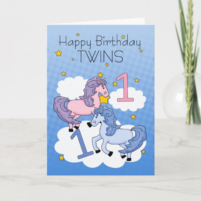 Twins First Birthday Card - Two Little Ponies (Front)