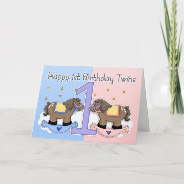 Twins First Birthday Card - Two Little Ponies (Front)