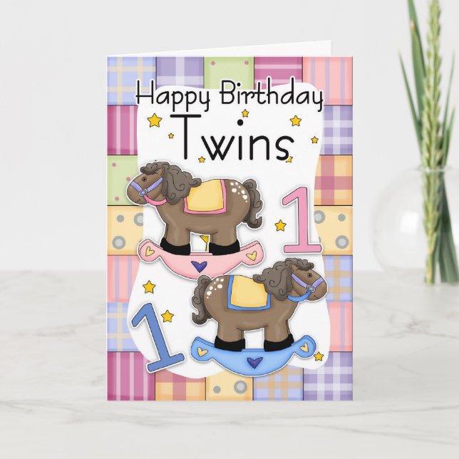 Twins First Birthday Card - Two Little Ponies (Front)