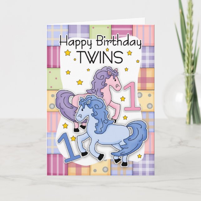 Twins First Birthday Card - Two Little Ponies (Front)
