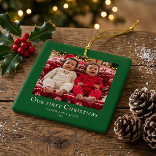 Twins First Christmas baby photo Green Ceramic Ornament