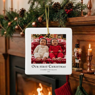 Twins First Christmas baby photo White Ceramic Ornament