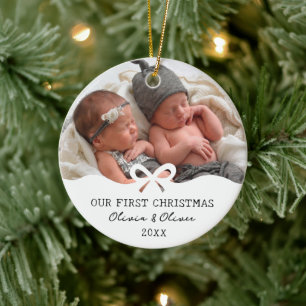 Twins First Christmas Bow Custom Photo Ceramic Ornament