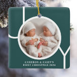 Twin's First Christmas Custom Photo Green  Ceramic Ornament<br><div class="desc">This twin's cute keepsake Christmas photo ornament is decorated with the word JOY in white typography on a green background.
Easily customizable with your photo,  name,  and year</div>