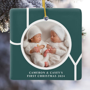 Twin's First Christmas Custom Photo Green  Ceramic Ornament