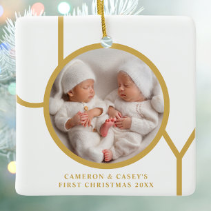 Twin's First Christmas Custom Photo Joy Gold White Ceramic Ornament
