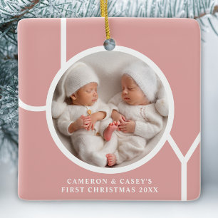Twin's First Christmas Custom Photo Joy Pink Ceramic Ornament