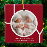 Twin's First Christmas Custom Photo Red Ceramic Ornament<br><div class="desc">This twin's cute keepsake Christmas photo ornament is decorated with the word JOY in white typography on a red background.
Easily customizable with your photo,  name,  and year.</div>