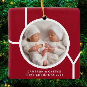Twin's First Christmas Custom Photo Red Ceramic Ornament