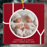 Twin's First Christmas Custom Photo Red  Ceramic Ornament<br><div class="desc">This twin's cute keepsake Christmas photo ornament is decorated with the word JOY in white typography on a red background.
Easily customizable with your photo,  name,  and year.</div>
