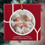 Twin's First Christmas Custom Photo Red  Ceramic Ornament<br><div class="desc">This twin's cute keepsake Christmas photo ornament is decorated with the word JOY in white typography on a red background.
Easily customizable with your photo,  name,  and year.</div>