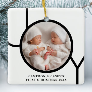 Twin's First Christmas Photo Joy Black White Ceramic Ornament