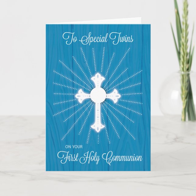 Twins First Communion Cross and Rays on Blue Wood Card (Front)