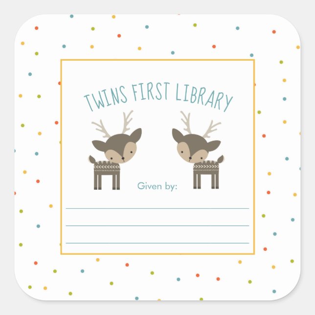 Twins first library, twin deer, woodland animal square sticker (Front)