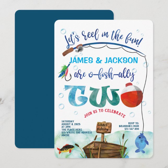 Twins Fishing themed boys 2nd birthday Invitation (Front/Back)