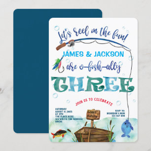 Twins Fishing themed boys 3rd o-fish-ally birthday Invitation