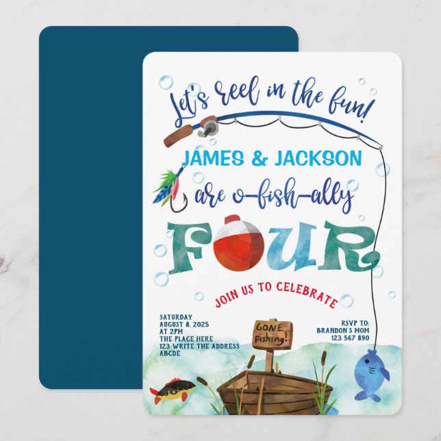 Twins Fishing themed boys 4th o-fish-ally birthday Invitation (Front/Back)