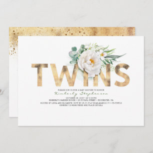 Twins Floral Gold Typography Baby Shower Invitation