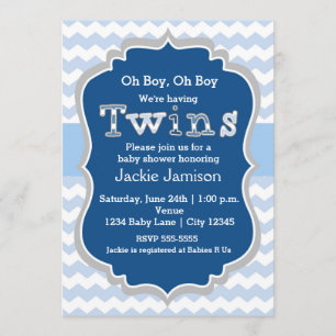 TWINS garçons Blue Chevron Baby shower Invitation